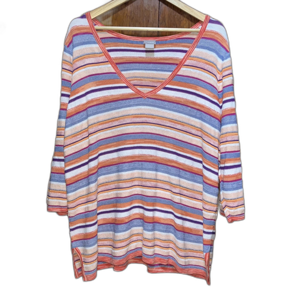 Chico's 3 Women's XL Striped Knitted Lightweight V-neck Top Colorful